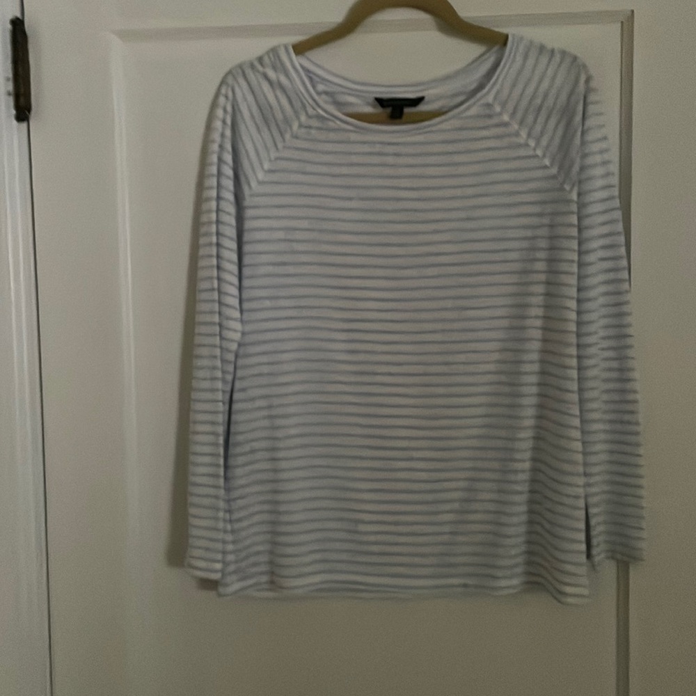 Banana Republic white with powder blue striped top. 55% modal/45 polyester